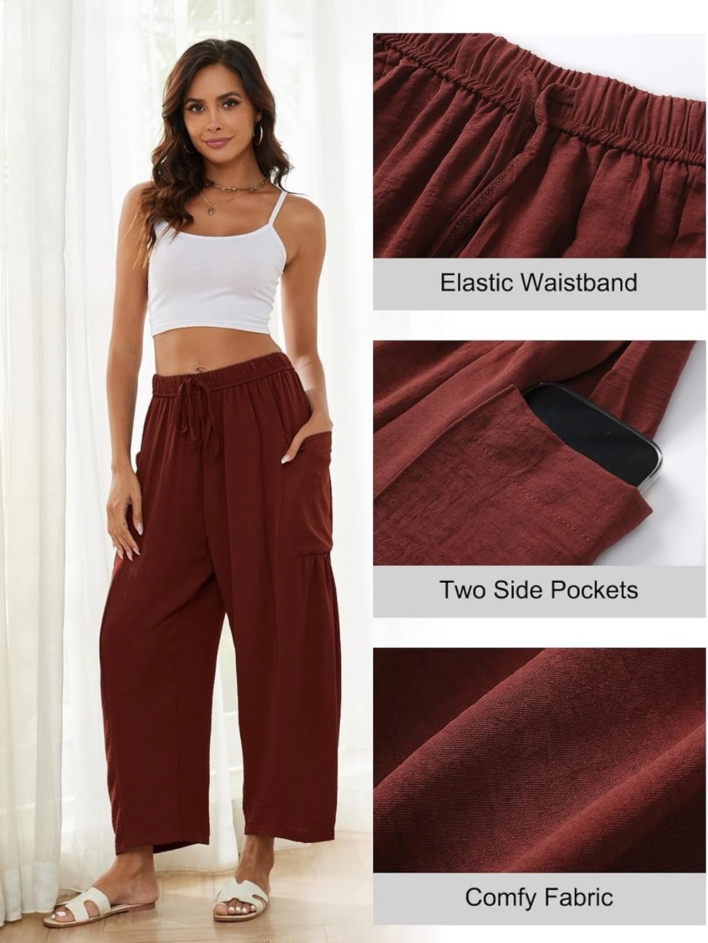 NWT Women’s Wide-Leg Drawstring Summer Pants in Brick! Size M/L - Picture 6 of 13